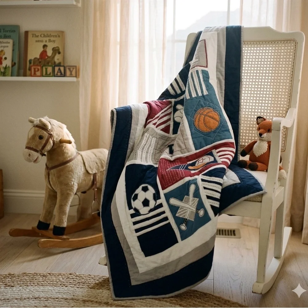 Navy & Cream Sports Patchwork Quilt - Brand Unknown
